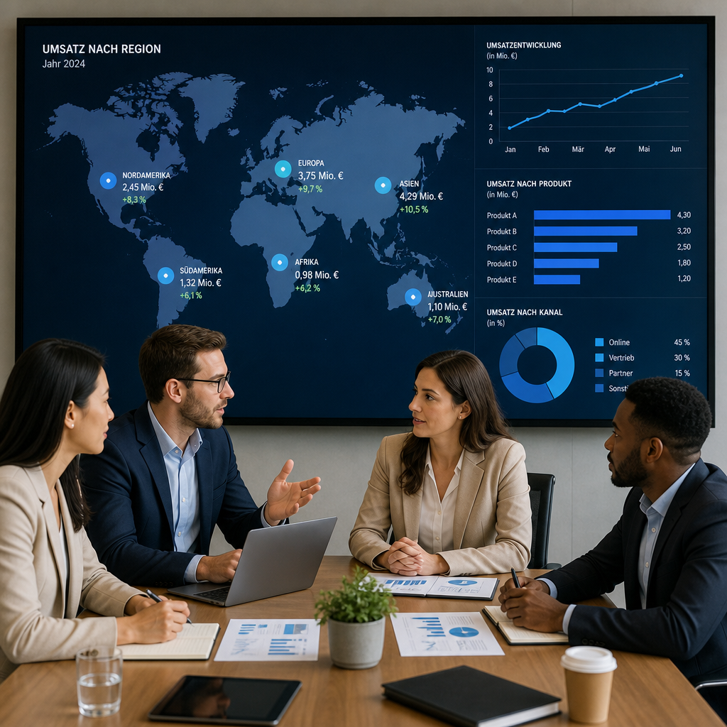 Team vor Weltkarte und Diagrammen
